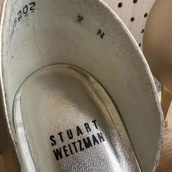 Stuart Weitzman Gold Heels Open toed Pump Sz 9 - Picture 3 of 9